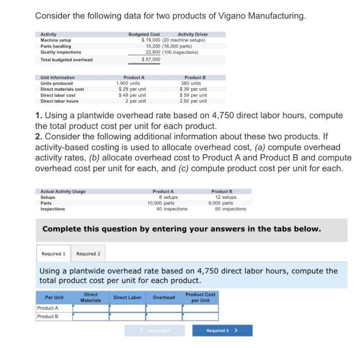 Consider the following data for two products of vigano manufacturing